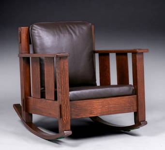 Stickley Brothers Slatted Rocker c1910: Stickley Brothers Slatted Rocker c1910. Unsigned. Very nicely refinished. Rock solid sturdy. 33.25&rdquo;h x 32.25&rdquo;w x 37.5&rdquo;d. Spend $7500 or more at this auction and all of your SHIPPING