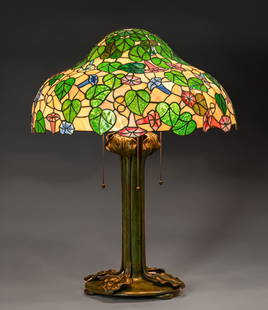 Riviere Studios Trumpet Vine Leaded Glass Lamp c1910: Riviere Studios Trumpet Vine Leaded Glass Lamp c1910. This is considered one of the best of the Riviere Leaded Glass Lamps ever made. Unsigned. A few tight lines to leaded glass. Excellent original p