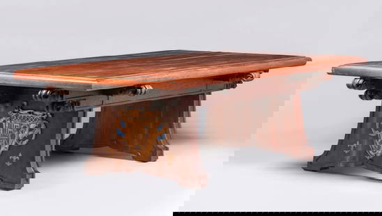 Bernard Maybeck Hand-Carved & Painted Walnut Table 1909: Bernard Maybeck Hand-Carved Walnut Settee 1909. Made for the Leon L. Roos House, 3500 Jackson St, San Francisco. The Roos House is considered the most iconic and important Maybeck House in San Francis