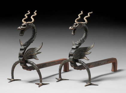 Arts & Crafts Hand-Forged Iron Dragon Andirons c1910: Arts & Crafts Hand-Forged Iron Dragon Andirons c1910. In the style of Samuel Yellin. Unsigned. Excellent original patina. 16"h x 11.75"w x 19"d. Spend $7500 or more at this auction and all of your SHI