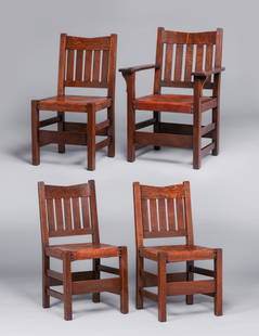 Gustav Stickley Set of 4 V-Back Dining Chiars c1912-1915: Gustav Stickley Set of 4 V-Back Dining Chiars c1912-1915. Signed with branded mark. Excellent original finish and original leather. Rock solid sturdy. Armchair 37"h x 25.5"w x 21"d. Side chairs 35.5"h