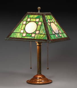 Bradley & Hubbard Leaded Glass Lamp c1910: Bradley & Hubbard Leaded Glass Lamp c1910. A couple of tight lines in leaded glass. Excellent original patina. 19"h x 12" x 12". Spend $7500 or more at this auction and all of your SHIPPING IS FREE wi