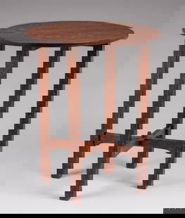 Gustav Stickley 24"d Lamp Table c1910-1912: Gustav Stickley 24"d Lamp Table c1910-1912. Unsigned. Very nicely refinished. 24"d x 28.75"h. Spend $7500 or more at this auction and all of your SHIPPING IS FREE within the lower 48 states. SHIPPING