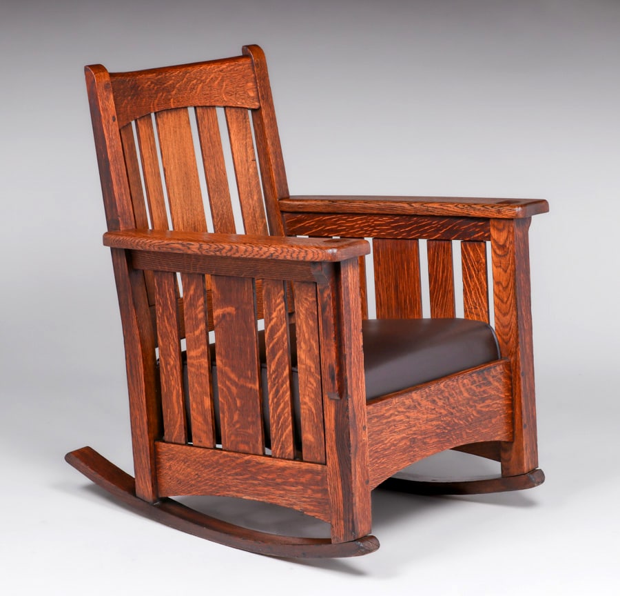 Limbert Slatted Rocker c1905: Limbert Slatted Rocker c1905. Unsigned. Very nicely refinished. 35"h x 29.5"w x 31"d. Spend $7500 or more at this auction and all of your SHIPPING IS FREE within the lower 48 states. SHIPPING We box a