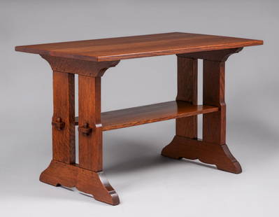 Grand Rapids Oak Trestle Table c1910s: Grand Rapids Oak Trestle Table c1910s. Similar to Gustav Stickley, this table was probably made by Imperial Furniture Co of Grand Rapids, MI. Unsigned. Excellent original finish. 48"w x 30"h x 28"d. S