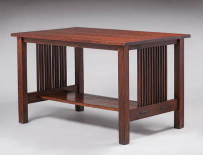 Gustav Stickley Spindled Library Table c1907: Gustav Stickley Spindled Library Table c1907. Signed with paper label. Very nice old refinish. Very sturdy. 48"w x 30"d x 29"h. Spend $7500 or more at this auction and all of your SHIPPING IS FREE wit