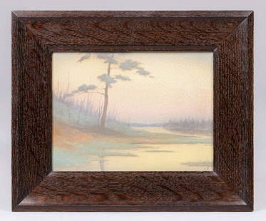 Rookwood Lenore Asbury Scenic Vellum Plaque "Marshes" 1916: Rookwood Lenore Asbury Scenic Vellum Plaque "Marshes" 1916. Signed. Perfect condition. Tim Holton custom oak frame. 9.25"h x 12.5"w. Frame 15"h x 18"w. Spend $7500 or more at this auction and all of y