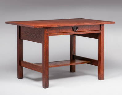 Gustav Stickley #653 One-Drawer Library Table c1910: Gustav Stickley #653 One-Drawer Library Table c1910. Signed. Top refinished perfectly to match excellent original finish. 48"w x 29.5"d x 29"h. Spend $7500 or more at this auction and all of your SHIP