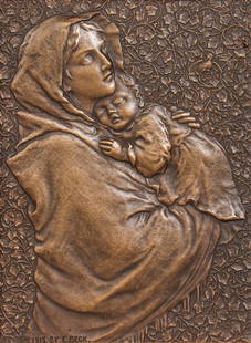 Ernst Beck (Austrian 1879-1941) Bronze Relief "The Madonna of the Streets" 1915: Ernst Beck (Austrian 1879-1941) Bronze Relief "The Madonna of the Streets" 1915. Signed. Excellent original patina. Plaque 8"h x 6"w. Frame 10.5"h x 8.5"w. Spend $7500 or more at this auction and all