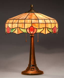 Bradley & Hubbard Leaded Glass Lamp c1915: Bradley & Hubbard Leaded Glass Lamp c1915. Unsigned. Original patina. 21.75"h x 16"d. Spend $7500 or more at this auction and all of your SHIPPING IS FREE within the lower 48 states. SHIPPING We box a