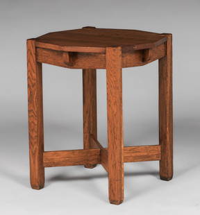 Stickley Brothers Lamp Table c1910: Stickley Brothers Lamp Table c1910. Shortened in height. Funky old refinish. 24"h x 20" x 20". Spend $7500 or more at this auction and all of your SHIPPING IS FREE within the lower 48 states. SHIPPING