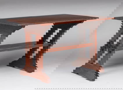 Gustav Stickley Oak Trestle Table c1910: Gustav Stickley Oak Trestle Table c1910. Signed with red decal. Excellent original finish. 48"w x 29.5"d x 29"h. Spend $7500 or more at this auction and all of your SHIPPING IS FREE within the lower 4