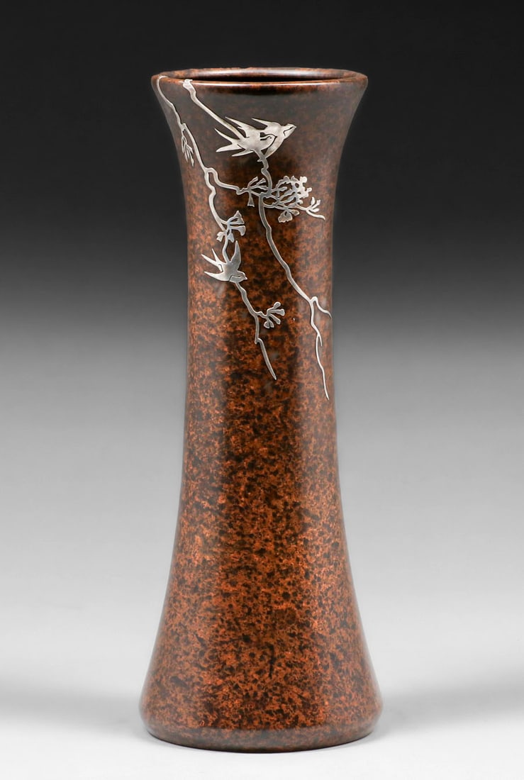 Tall Heintz #3681 Sterling on Bronze Love Birds Vase c1915 (1 of 4)