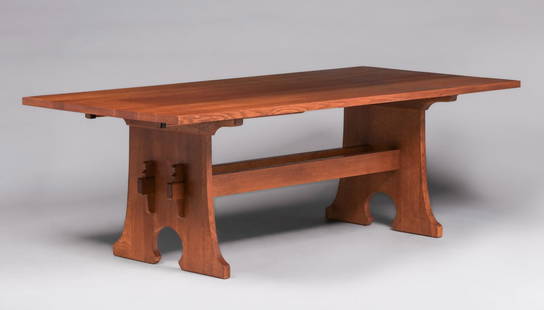 Contemporary Stickley Mouse-Hole Trestle Dining Table 2005: Contemporary Stickley Mouse-Hole Trestle Dining Table 2005. Signed. Stain to top, otherwise excellent condition. 90" x 42" x 30"h. Spend $7500 or more at this auction and all of your SHIPPING IS FREE