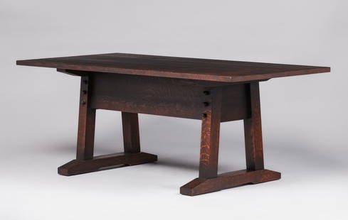 Contemporary Gustav Stickley Director's Table c2000: Contemporary Gustav Stickley Director's Table c2000. Unsigned. Excellent condition. 78" x 38" x 30". Spend $7500 or more at this auction and all of your SHIPPING IS FREE within the lower 48 states. SH