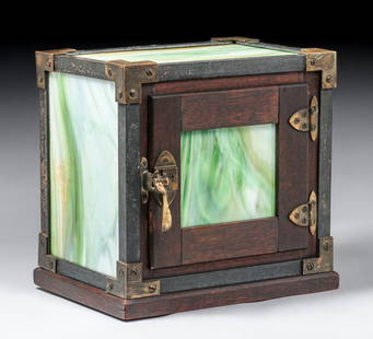 Arts & Crafts Oak, Brass & Slag Glass Humidor c1910: Arts & Crafts Oak, Brass & Slag Glass Humidor c1910. Comes complete with hygrometer to mmeasure the internal humidity. Unsigned. Excellent condition. 12"w x 9"d x 12"h. Spend $7500 or more at this auc