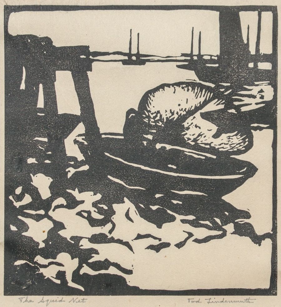 Tod Lindenmuth (1885-1976) Woodcut "The Squid Net" c1930s: Tod Lindenmuth (1885-1976) Woodcut "The Squid Net" c1930s. Signed. Excellent condition. 8"h x 7.5"w. Frame 18.5"h x 15"w. Spend $7500 or more at this auction and all of your SHIPPING IS FREE within th