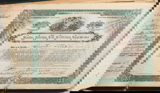 Gustav Stickley Preferred Stock Ledger 1914: Gustav Stickley Preferred Stock Ledger 1914. Several torn pages. Provenance: Leopold Stickley Estate Auction 1981. 14.5"w x 8"h. Spend $7500 or more at this auction and all of your SHIPPING IS FREE wi