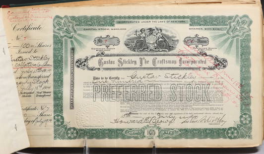 Gustav Stickley Preferred Stock Ledger 1914: Gustav Stickley Preferred Stock Ledger 1914. Several torn pages. Provenance: Leopold Stickley Estate Auction 1981. 14.5"w x 8"h. Spend $7500 or more at this auction and all of your SHIPPING IS