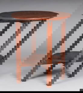 Charles Stickley 24"d Lamp Table c1910: Charles Stickley 24"d Lamp Table c1910. Unsigned. Top refinished perfectly to match original finish. 24"d x 27.75"h. Spend $7500 or more at this auction and all of your SHIPPING IS FREE within the low