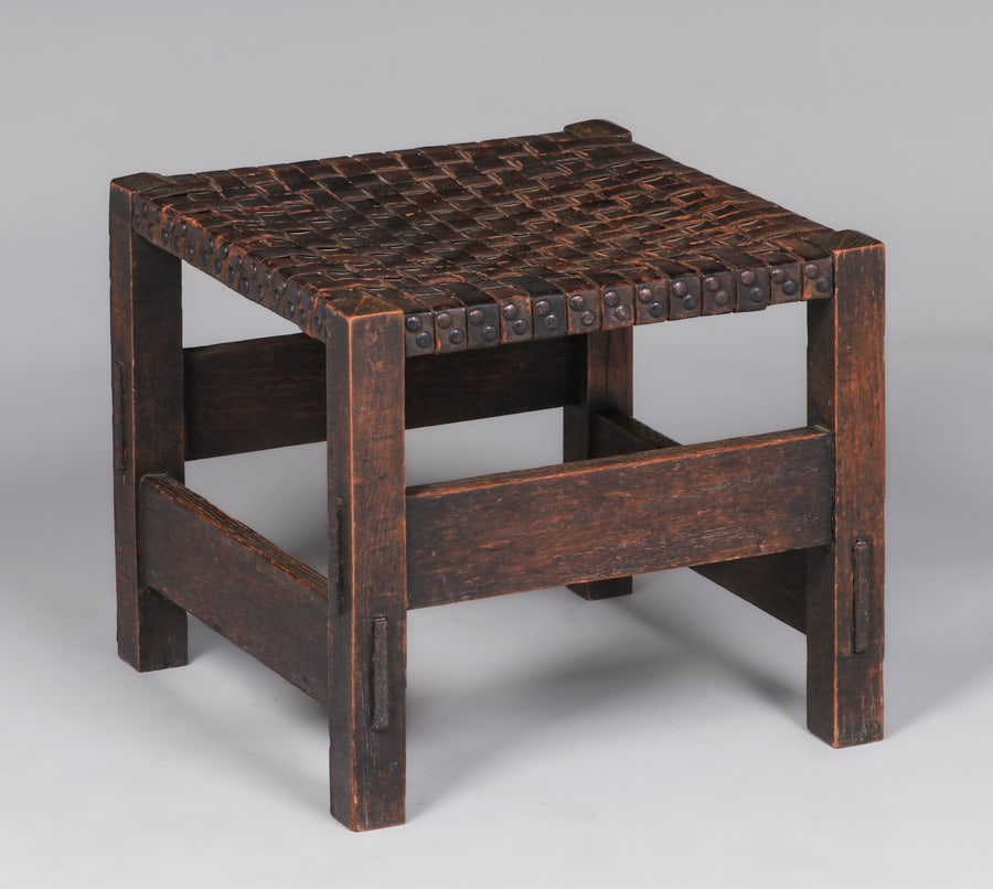 L&JG Stickley Onondaga Shops Cross-Stitch Leather Footstool c1902-1904 (1 of 4)