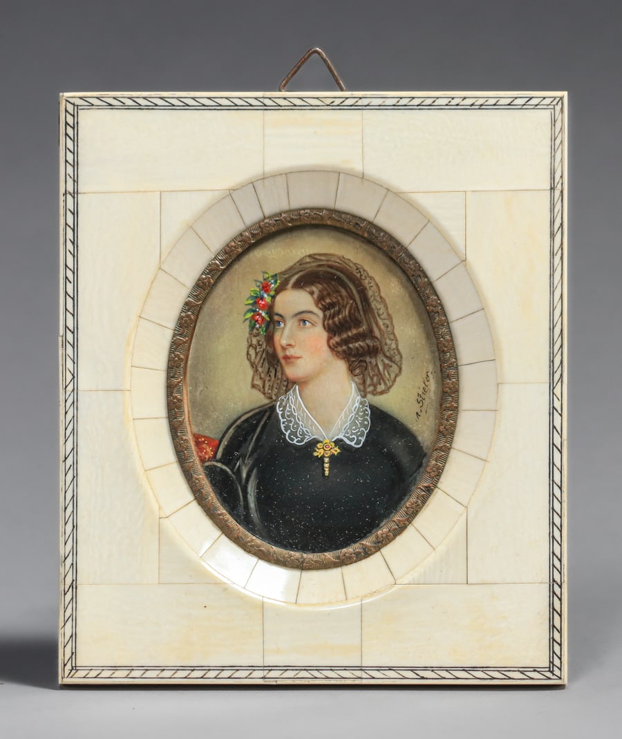 Antique German Faux Ivory Miniature Portrait Lola Montez c1850s (1 of 5)