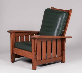 Gustav Stickley #369 Bentarm Morris Chair c1910: Gustav Stickley #369 Bentarm Morris Chair c1910. Signed. Overcoated original finish. 39"h x 32.5"w x 37.5"d. Spend $7500 or more at this auction and all of your SHIPPING IS FREE within the lower 48 st