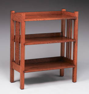 Stickley Brothers Spindled Bookshelf c1910: Stickley Brothers Spindled Bookshelf c1910. Signed. Light stains on top, otherwise excellent original finish. Very sturdy. 26"w x 31.25"h x 12.5"d. Spend $7500 or more at this auction and all of your