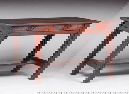 Gustav Stickley Two-Drawer Library Table c1905: Gustav Stickley Two-Drawer Library Table c1905. Signed with large red decal. Top refinished perfectly to match original finish. 48"w x 29.75"d x 29.5"h. Spend $7500 or more at this auction and all of