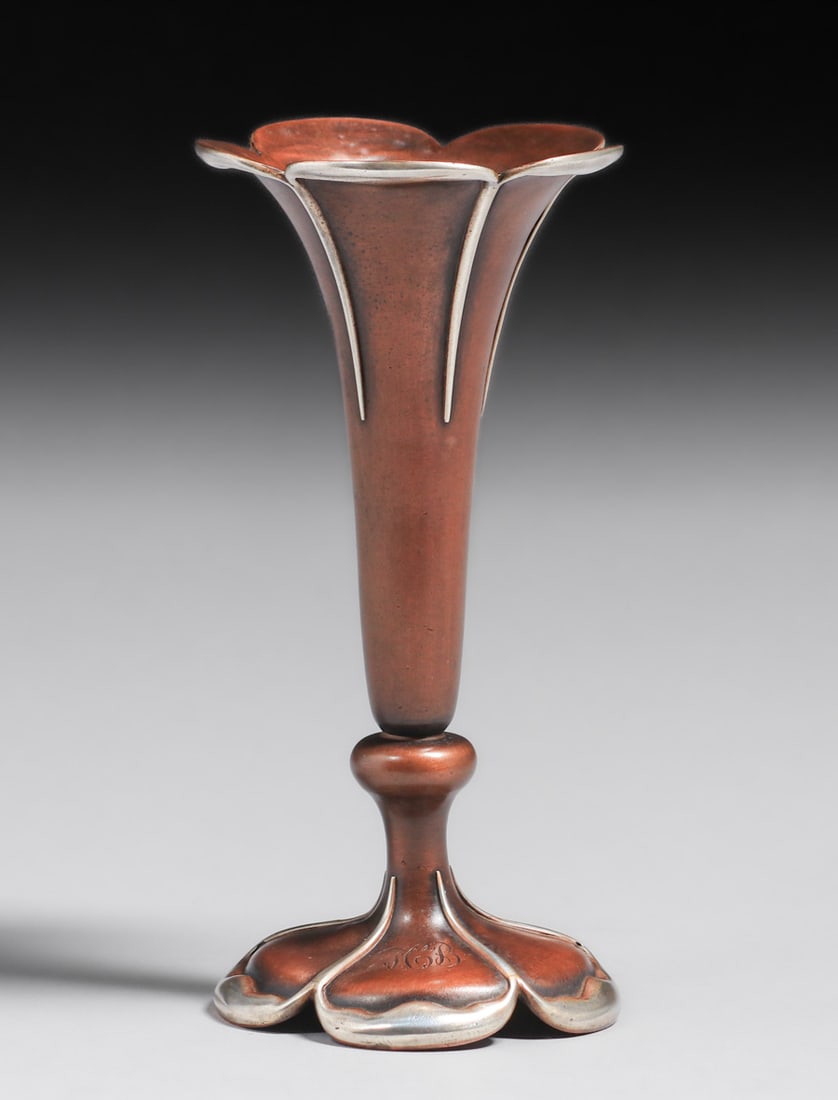 Joseph Heinrichs Hammered Copper & Silver Fluted Vase c1900s (1 of 6)