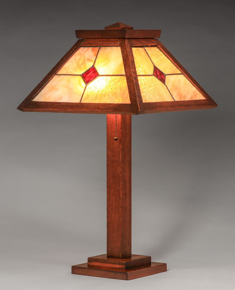 Arts & Crafts Oak & Leaded Glass Lamp c1910 (1 of 5)