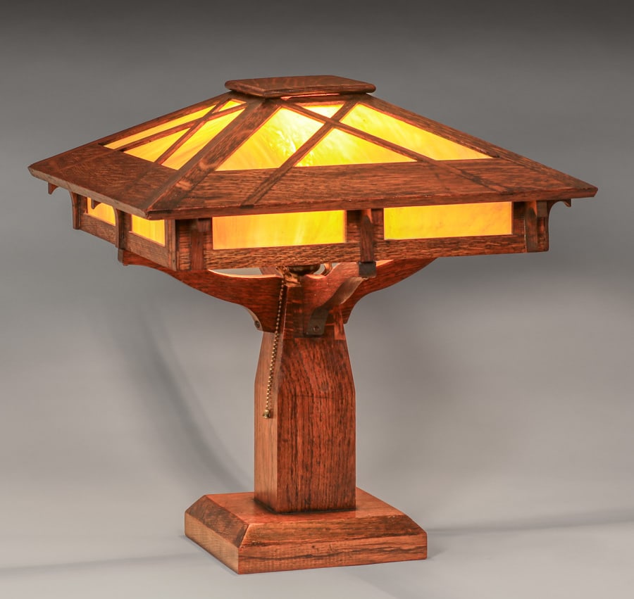 Peterson Art Furniture Co – Faribault, MN Oak & Slag Glass Lamp c1910 (1 of 2)