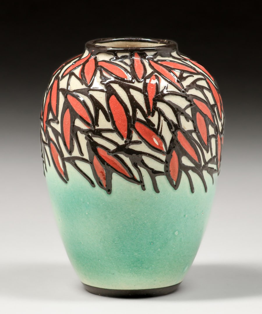 Max Lauger German Art Deco Vase c1920s: Max Lauger German Art Deco Vase c1920s. Signed. Perfect condition. 6"h x 4.5"d. Spend $7500 or more at this auction and all of your SHIPPING IS FREE within the lower 48 states. SHIPPING We box and shi