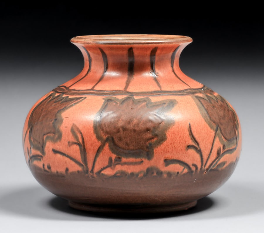 Rookwood Pottery Elizabeth Barrett Decorated Mat Stylized Floral Vase 1928: Rookwood Pottery Elizabeth Barrett Decorated Mat Stylized Floral Vase 1928. Signed. X'd, otherwise perfect condition. 7.25"h x 8"d. Spend $7500 or more at this auction and all of your SHIPPING IS FREE