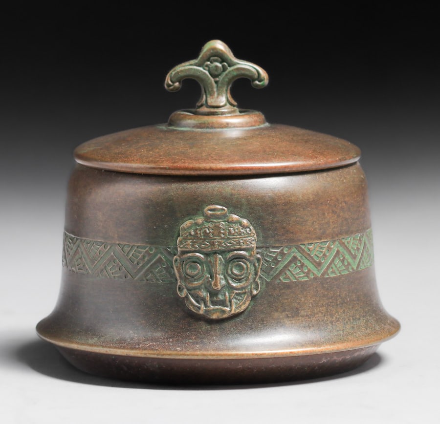 Apollo Studios #1151 "Inca" Brass Humidor c1920: Apollo Studios #1151 "Inca" Brass Humidor c1920. Signed. Excellent new patina. 4.75"h x 5"d. Spend $7500 or more at this auction and all of your SHIPPING IS FREE within the lower 48 states. SHIPPING W