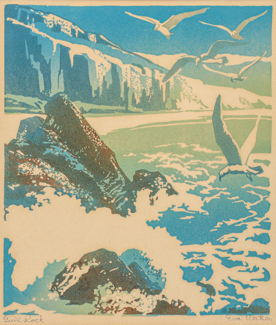 Eva Auld Watson (1889-1948) Color Woodcut "Gull Rock" c1920s (1 of 5)