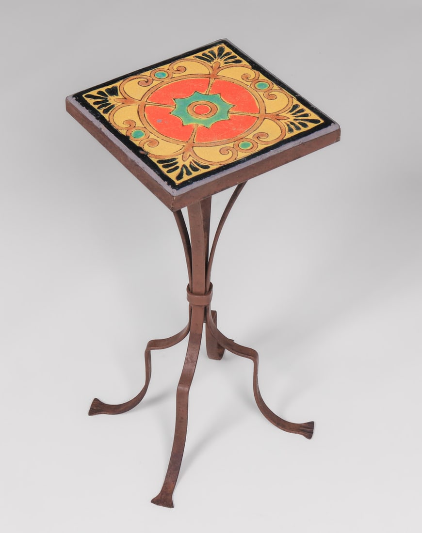 Taylor Tile Co - Los Angeles Iron Tile-Top Table c1920s: Taylor Tile Co - Los Angeles Iron Tile-Top Table c1920s. Unsigned. Tile in perfect condition. Excellent original patina. 21"h x 8.5" x 8.5". Tile 8" x 8". Spend $7500 or more at our two day auction an