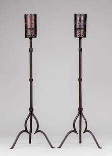 Arts & Crafts Period Hand-Forged Wrought Iron Torchieres c1920s: Arts & Crafts Period Hand-Forged Wrought Iron Torchieres c1920s. Similar to known Samuel Yellin wrought iron sconces made for the Carnegie Library Pittsburgh. Unsigned. Excellent original patina. 66.7