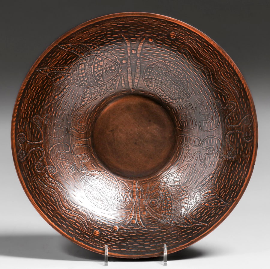 Arts & Crafts Hammered Copper Acid-Etched Fish Bowl c1930s (1 of 4)