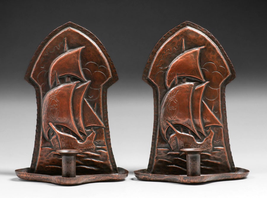 Arts & Crafts Hammered Copper Galleon Ship Candle Sconces c1910 (1 of 6)