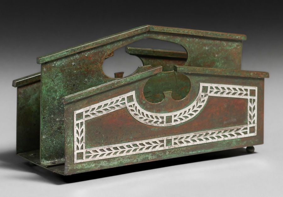 Heintz Sterling on Bronze Letter Rack c1915. Signed. Excellent original green patina. 8"w x 4.5"h: Heintz Sterling on Bronze Letter Rack c1915. Unsigned. Excellent original green patina. This Lot is just the Heintz Letter Rack. All other pieces sold in seperate lots. 8"w x 4.5"h x 3"d. Spend $7500 