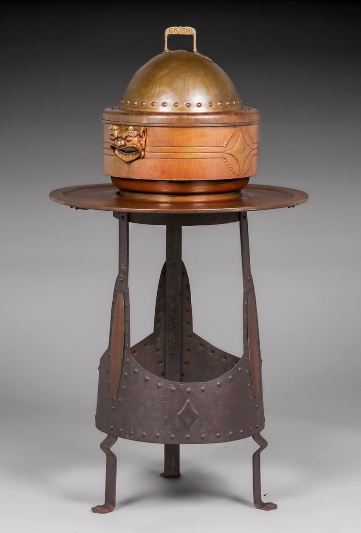 Ignatius Taschner Secessionist Hammered Brass Casserole & Hand Wrought Iron Table c1905 (1 of 8)