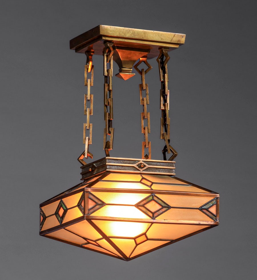 Prairie School Brass & Leaded Glass Hanging Fixture c1910 (1 of 8)