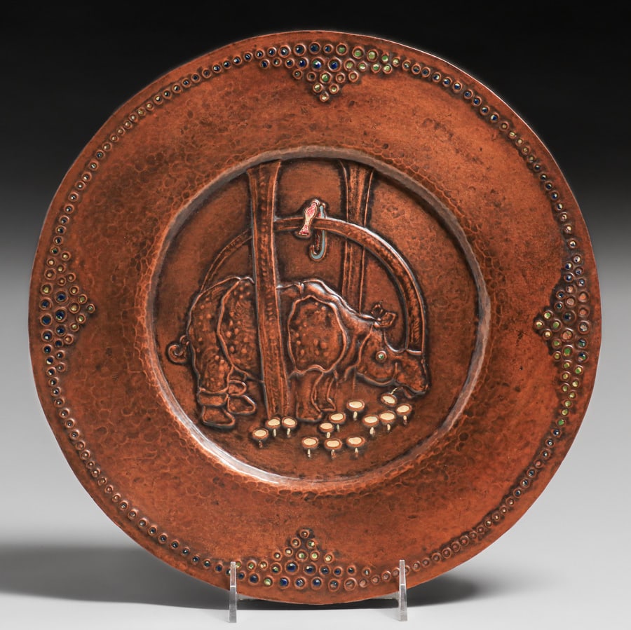 Ludwig Vierthaler Hammered Copper & Enamel Rhinoceros Charger c1905 (1 of 5)