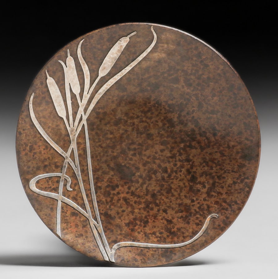 Heintz Sterling on Bronze Cattail Overlay Card Tray c1915 (1 of 4)