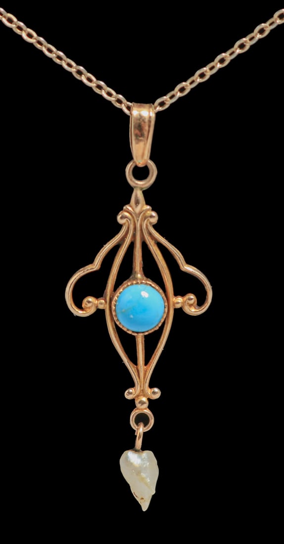 Arts & Crafts Period 10k Gold, Turquoise & Freshwater Pearl Pendant Necklace c1910s: Arts & Crafts Period 10k Gold, Turquoise & Freshwater Pearl Pendant Necklace c1910s. Marked 10k. 18" length + 1.5" drop. Spend $7500 or more at this auction and all of your SHIPPING IS FREE within the
