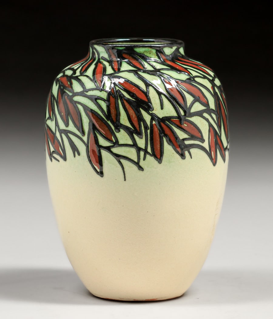 Max Lauger German Art Deco Vase c1920s: Max Lauger German Art Deco Vase c1920s. Signed. Perfect condition. 6"h x 4.5"d. Spend $7500 or more at this auction and all of your SHIPPING IS FREE within the lower 48 states. SHIPPING We box and shi