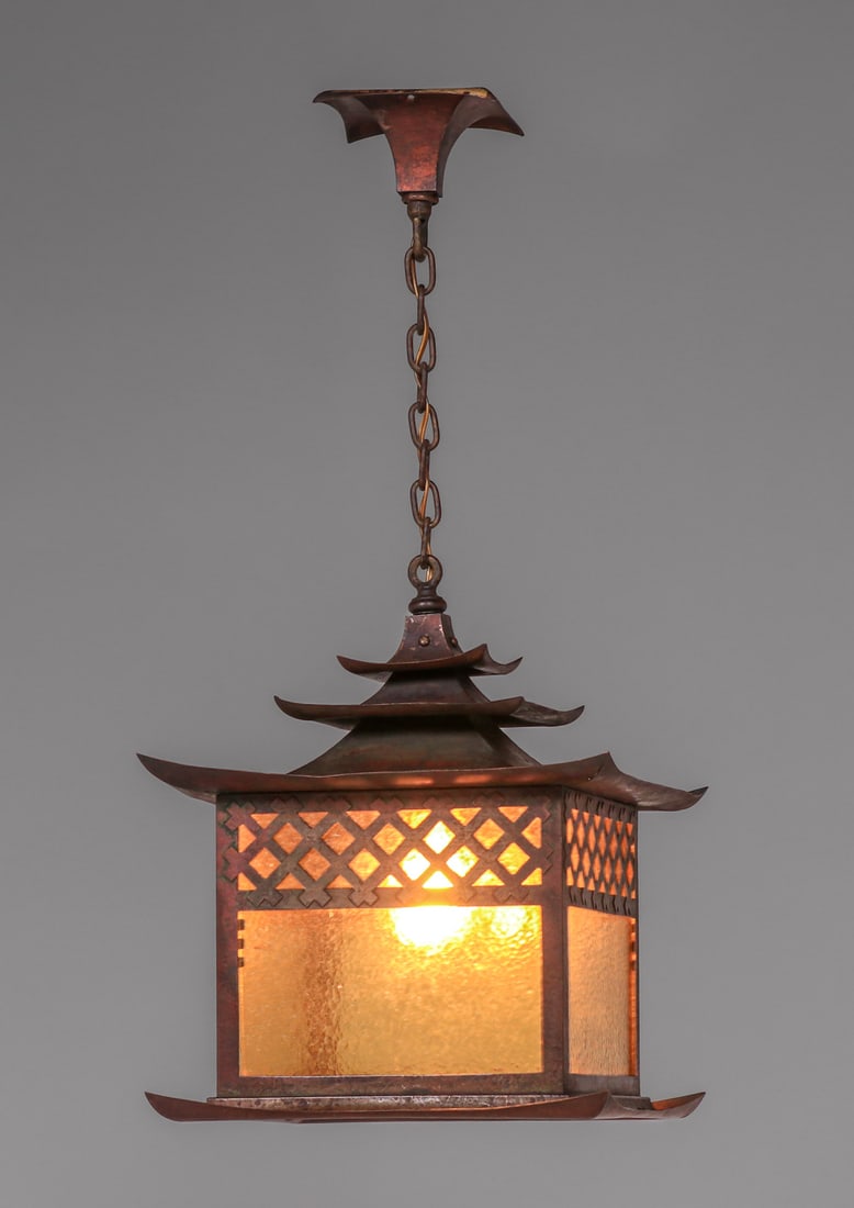 Japonesque Arts & Crafts Hammered Copper & Amber Glass Hanging Light c1910 (1 of 6)