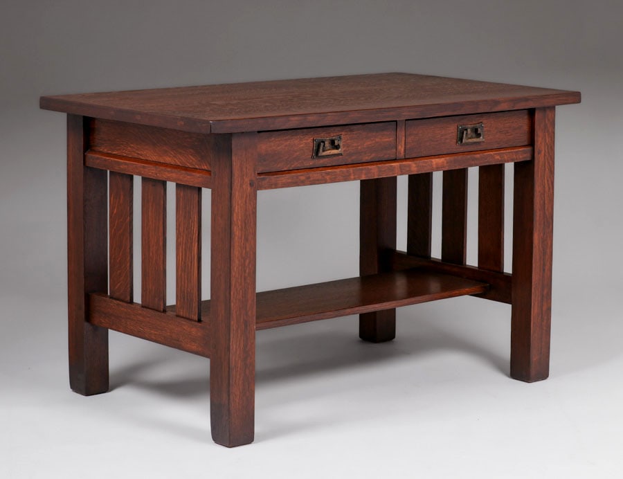 Massive Charles Stickley Two-Drawer Slatted Library Table c1910 (1 of 3)