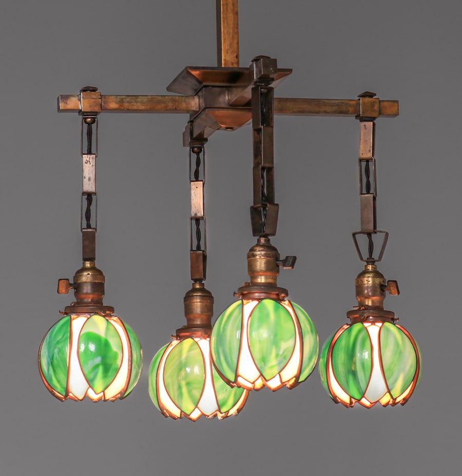 Prairie School Brass & Tulip Light Chandelier c1910 (1 of 5)